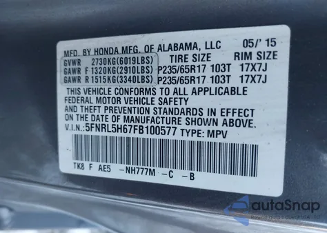 2015 Honda Odyssey Ex-L from USA, damaged, VIN 5FNRL5H67FB100577